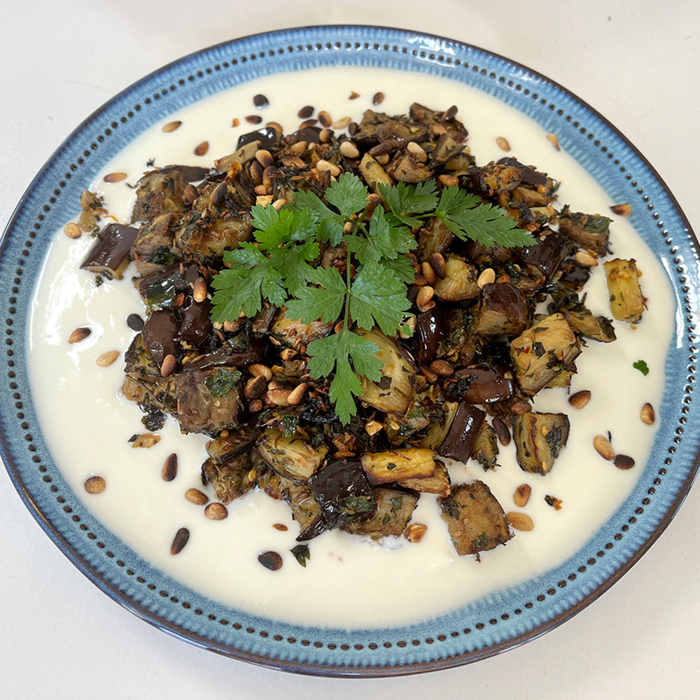 Wick's Baked Herby Eggplant on Yoghurt Whip