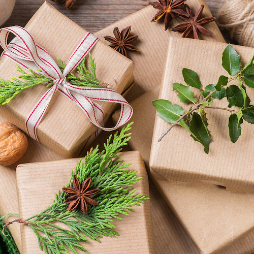Zero waste Christmas concept, handmade gift boxes, furoshiki style