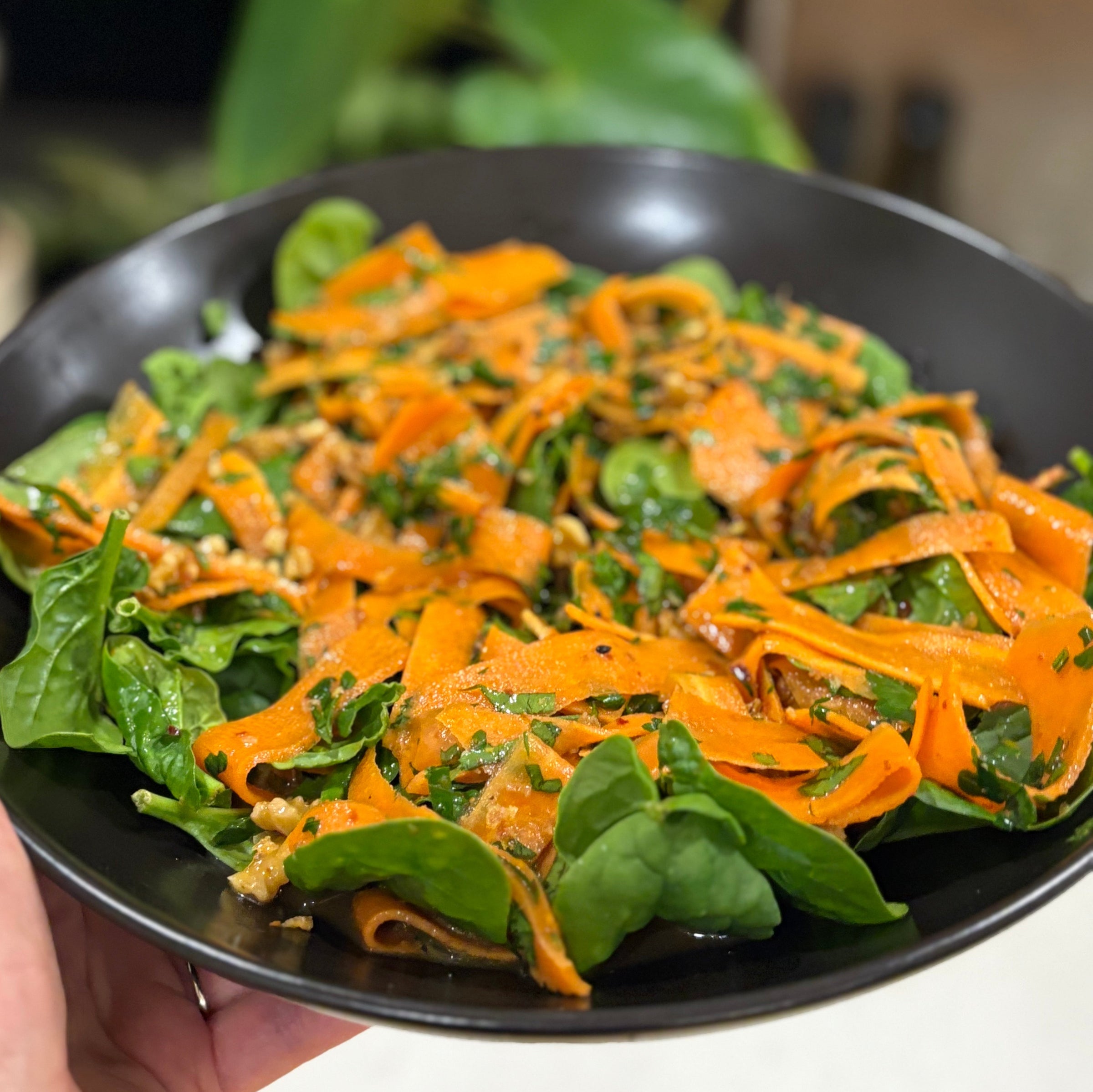 Carrot Ribbon Salad with Herbs, Walnuts & Crispy Fried Onions