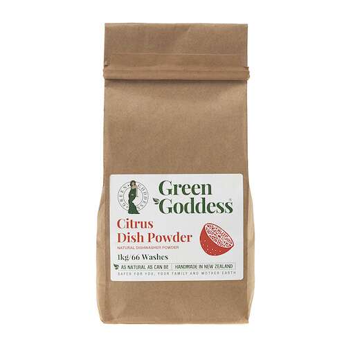 Green Goddess natural citrus dish powder in home compostable bag