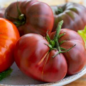 big raddish-purple heirloom tomatoes Black Krim on plate