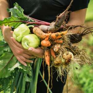 Women holding fresh vegetables from garden