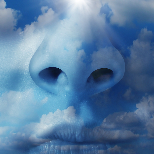 close up of a human nose with a natural blue sky and clouds