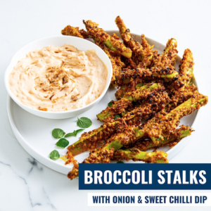 broccoli stalks with onion & sweet chilli dip