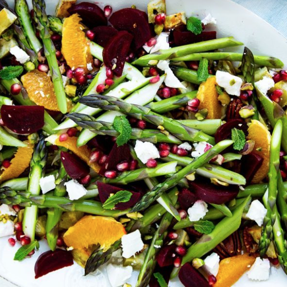 asparagus beetrrot salad with pomegranate
