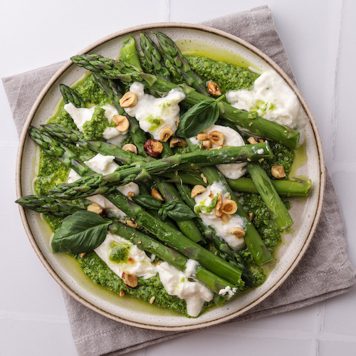 Asparagus, Wild Rocket Pesto, Hazelnuts & Burrata